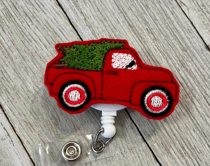 Vintage truck badge reel, truck with tree ID holder, vintage truck feltie, badge pull