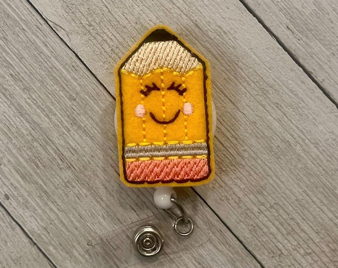 Happy Pencil badge holder, Pencil feltie, pencil ID, retractable reel, badge pull