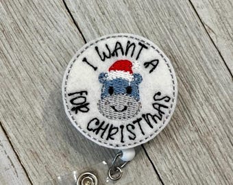 Hippopotamus Christmas Badge Reel: Feltie ID Holder