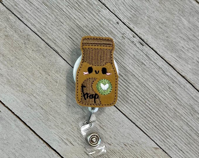Bottle of coffee badge holder, Frappuccino badge holder, coffe feltie, badge pull