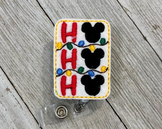 Ho Ho Ho mouse badge reel, Ho Ho Ho ID holder, Mouse Ho Ho Ho feltie, badge pull