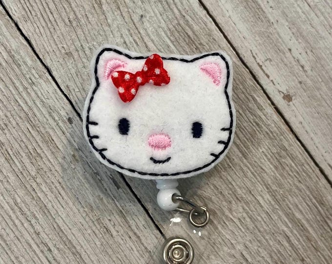 White kitty face badge reel, cat Face ID holder, kitty feltie, badge pull