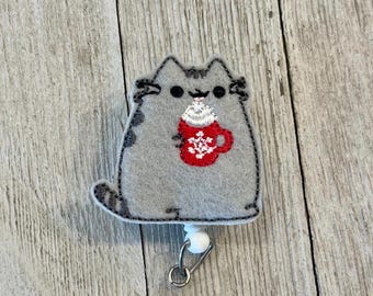 Cat with Hot Chocolate Badge Reel: Felt ID Holder