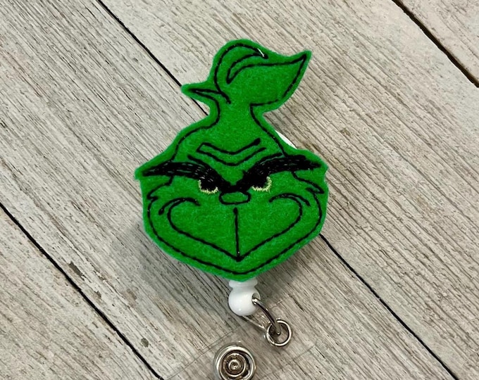 Green Christmas guy badge reel, green guy ID holder, green monster feltie, badge pull