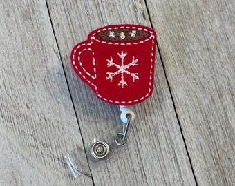 Hot Chocolate Badge Reel: Snowflake Mug Feltie ID Holder