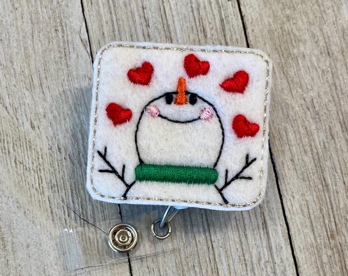 Snowman Hearts Felt Badge Reel: Retractable ID Holder