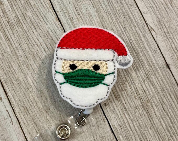 Santa with face mask badge reel, Santa with mask ID holder, Santa feltie, badge pull