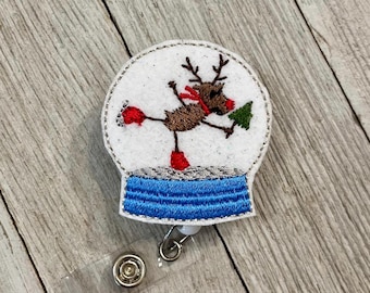 Reindeer Snow Globe Badge Reel: Christmas Felt ID Holder