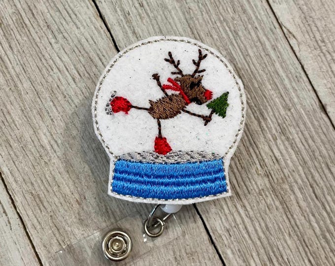 Reindeer in snow globe badge  reel, Reindeer, snow, globe ID holder, Christmas snow globe feltie, badge pull