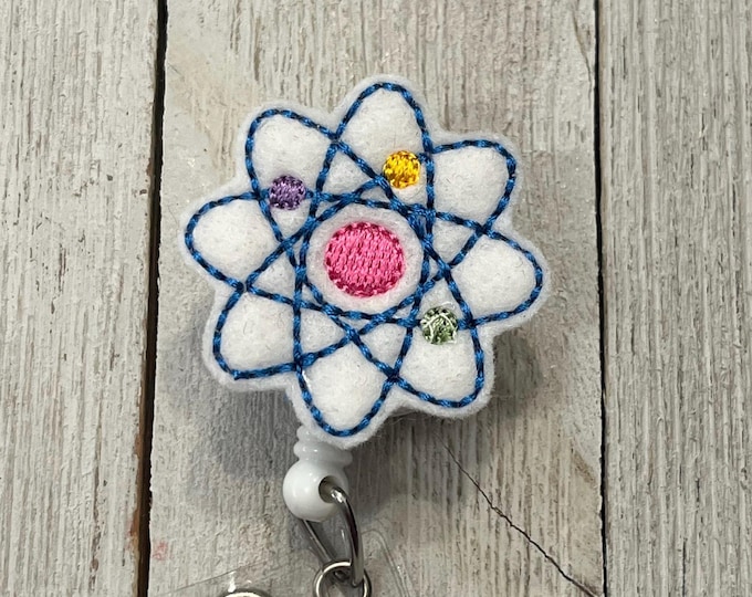 Atom badge holder, retractable reel,  School badge holder, science badge holder