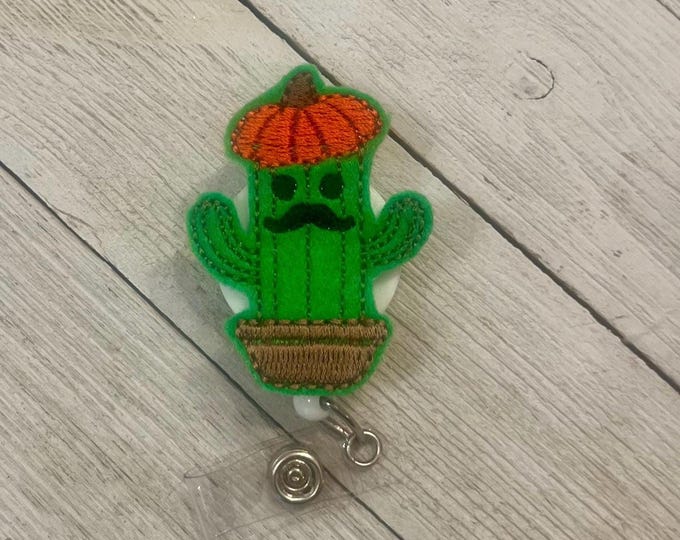 Cute cactus badge holder, mustache cactus, pumpkin cactus, cactus feltie, retractable reel, badge pull