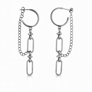 May include: A pair of silver-toned hoop earrings with a chain and elongated oval links. The earrings have a modern, minimalist design, with a small chain dangling from the hoop and connecting to the oval links. The earrings are displayed against a white background.