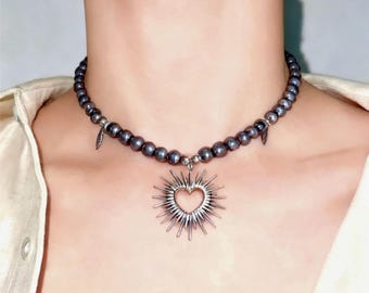 Gargantilla de cuentas negras / Colgante de sol y corazón de plata, collar gótico Y2K