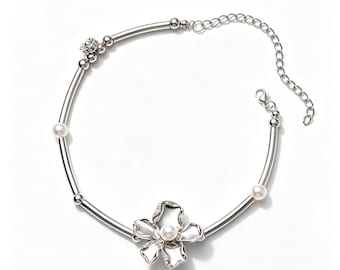 Silver Tube Choker with Flower Pendant, Y2K Statement Choker Necklace, Pearl Detail Collar Necklace, Party Festival Jewelry