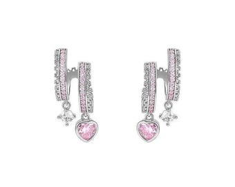 Pendientes de aro de cristal / Colgante de corazón rosa, joyería nupcial / Estética punk / Regalo para ella / Pendientes minimalistas