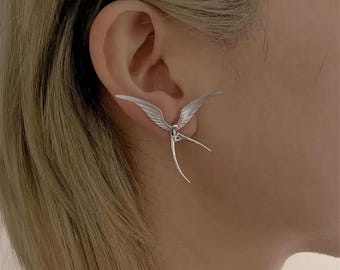 Silver Wing Ear-Climber Earrings — Angel/Bird Silhouette, Mirrored Pair