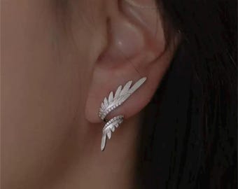 Wing Ear Climbers — Silver-Tone Feather Stud Earrings (Mirrored Pair)