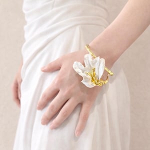 Flower Bracelet, Gold Sculptural Cuff, White Floral Bangle, Orchid Jewelry, Statement Piece for Her, Modern Bridal Bracelet, Gift for Her