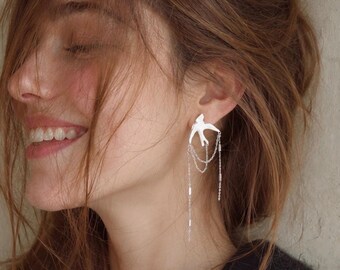 Pendientes colgantes de golondrina de esmalte blanco, pendientes con borla de cadena plateada, joyería estilo punk K-Fashion.