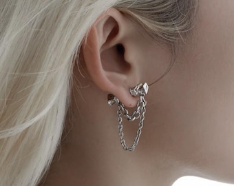 Pendientes apilables de cadena gruesa: Poste de plata de ley 925, estilo punk atrevido.