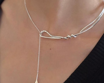 Sculptural Teardrop Slide Choker | Silver-Tone Pull-Adjust Lariat Necklace