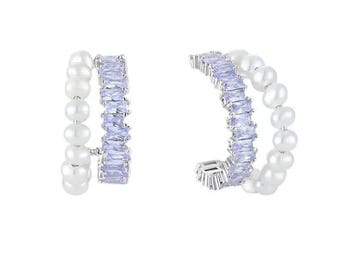 Pendientes de aro de perlas y cristal lavanda / Plata de ley 925 / Estilo punk / Regalo para ella / Pendientes minimalistas
