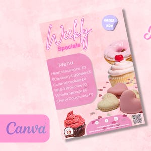 Editable Bakery Flyer Template, Weekly Specials Menu | Pink Pastel Donut and Cupcake Design | Canva Template for Bakers and Dessert Shops