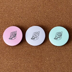 Handstamped Seashell Pinback Buttons 2.25 Inches