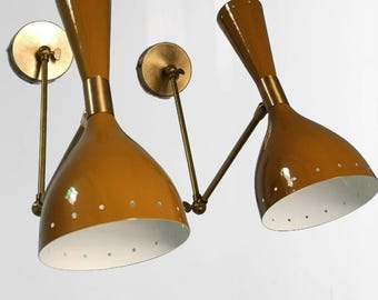 Mid-Century Italian Brass Wall Sconce Pair: Brown Diabolo Lamps