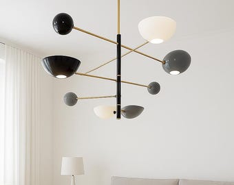 Stilnovo Sputnik Chandelier: Mid-Century Modern Brass & Ivory Pendant Light