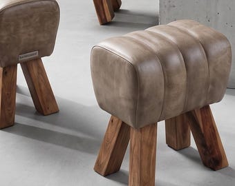 Vintage Leather Pommel Stool – Rustic Tan Ottoman, Mid-Century Industrial Footrest
