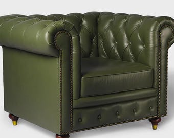 Handgjord vintage brun oliv- och körsbärsfärgad Chesterfield-fåtölj i rent läder, tuftad soffa - Club Chair