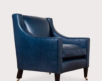 Blue Leather Accent Armchair | Modern Classic Lounge Chair | Living Room & Office Seating