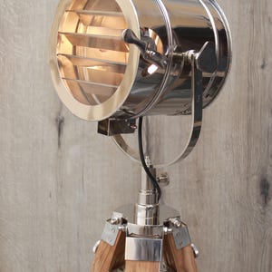 Industrial Tripod Floor Lamp: Adjustable Spotlight, Mango Wood Stand
