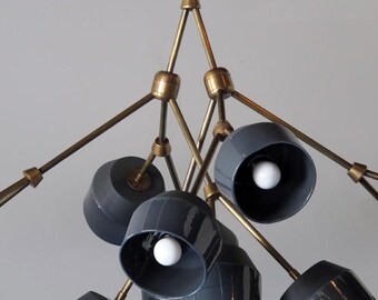 Sputnik Chandelier – Black Metal, White Ceramic Shades, Mid-Century Modern Pendant Light