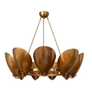 Modern Brass Petal Chandelier – Mid-Century Sculptural Pendant Light, Flower-Inspired Brass Lighting Fixture