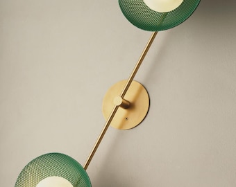 Mid-Century Modern Dual Green Wall Sconce | Brass Wall Light | Lamp Pair Of 2