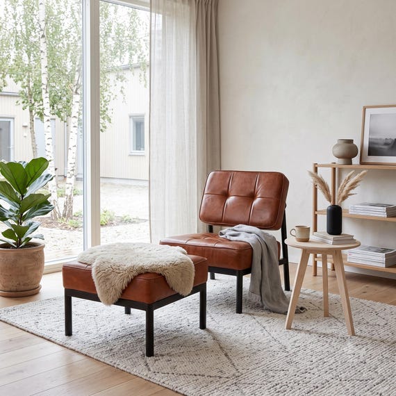 Sessel und Hocker mit cognacfarbenem Lederbezug | Moderne Akzentmöbel im Mid-Century-Stil