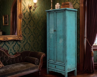 Distressed Teal Chinoiserie Cabinet, Oriental Long Leg Storage Armoire, Boho Bar Cabinet