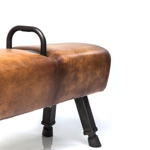 Puede incluir: Un potro de cuero marrón con un asa negra y patas negras. El cuero tiene un aspecto envejecido. Las patas son de metal. El potro está diseñado para gimnasia.