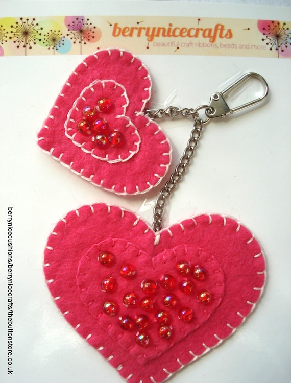 Items similar to Pink Beaded Double Heart Key Ring or Bag Charm Christmas Gift Stocking Filler