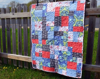 Baby Girl Quilt - Modern Patchwork - Baby Blanket -- Bright Colors - Purple, Pink, Coral, White, Gray - Baby Shower Gift