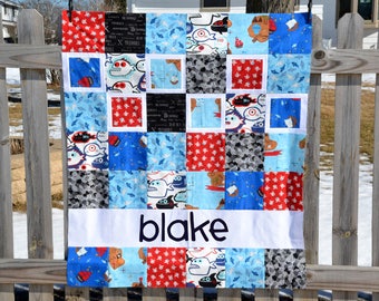 Personalized Baby Quilt for Boy, Custom Baby Quilt, Blue and Red Baby Boy Quilt, Modern Patchwork, Toddler Quilt, Baby Boy Blanket, Pirates