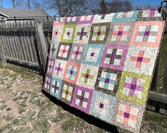 Handmade Quilt, Throw Blanket, Lap Quilt, Modern Patchwork, Girl Quilt - Teen or Tween Girl Quilt - Colorful Squares and Stripes - Balboa