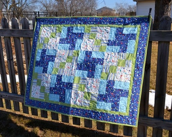 Boy Baby Quilt - Gender Neutral Quilt - Blue and Green Nursery - Outer Space Blanket - Lullaby Land Nursery Blanket - Baby Shower Gift