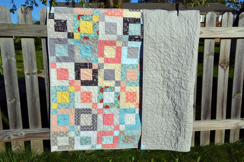Lap Quilt Modern Patchwork Girl Quilt Throw Blanket Teen or Tween Girl Quilt -Colorful Squares and Stripes Handmade Quilt