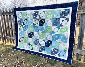 Handmade Quilt, Throw Blanket, Lap Quilt, Modern Patchwork - Variety of Blue and Green - Nantucket Nova - Couch or Wheelchair quilt