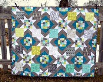 Handmade Lap Quilt, Throw Blanket, Modern Patchwork - Hidden Pinwheels - Teal Gray Blue - Diamond Star Pattern Quilt - Mother's Day Gift
