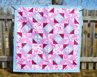 Baby Girl Quilt - Modern Patchwork - Bright Baby Blanket - Toddler Bedding - Pink Purple Blue - Crib Blanket -- Star Pinwheel Flow