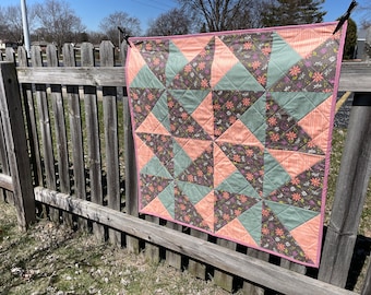 Baby Girl Quilt - Modern Patchwork Pinwheels - Baby Blanket - Baby Girl Squares - Toddler Quilt -- Pink, Floral, Coral, Gray Baby Quilt